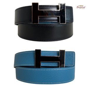 Authentic HERMES Black Smooth & Blue Pebbled Leather H Black Reversible Belt 85